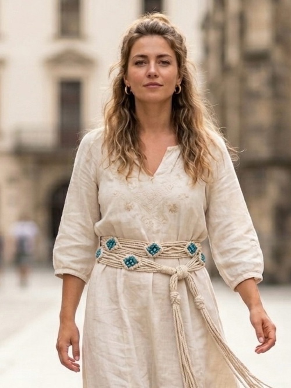 VTG Macrame Beaded Belt Boho Woven Rope Tie Waist 52" Turquoise Beads Hippie